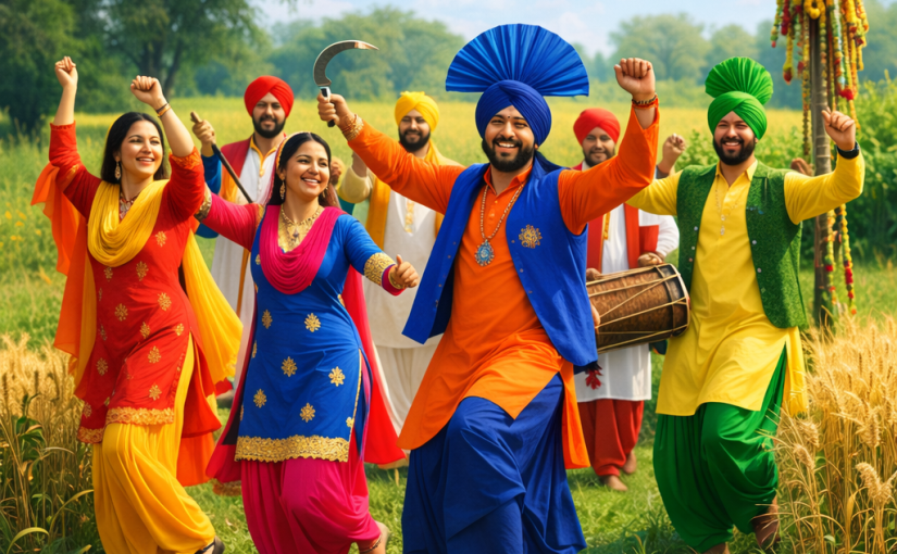 Group of people dancing joyfully in vibrant traditional Punjabi clothes outdoors