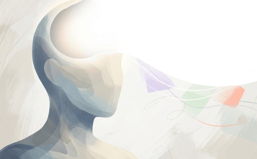 Abstract translucent profile surrounded by flowing pastel shapes and blurred lines