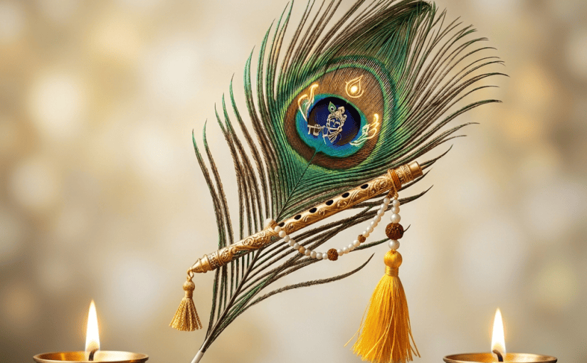 Hand holding Krishna flute and peacock feather above Om and Hindi prayer text